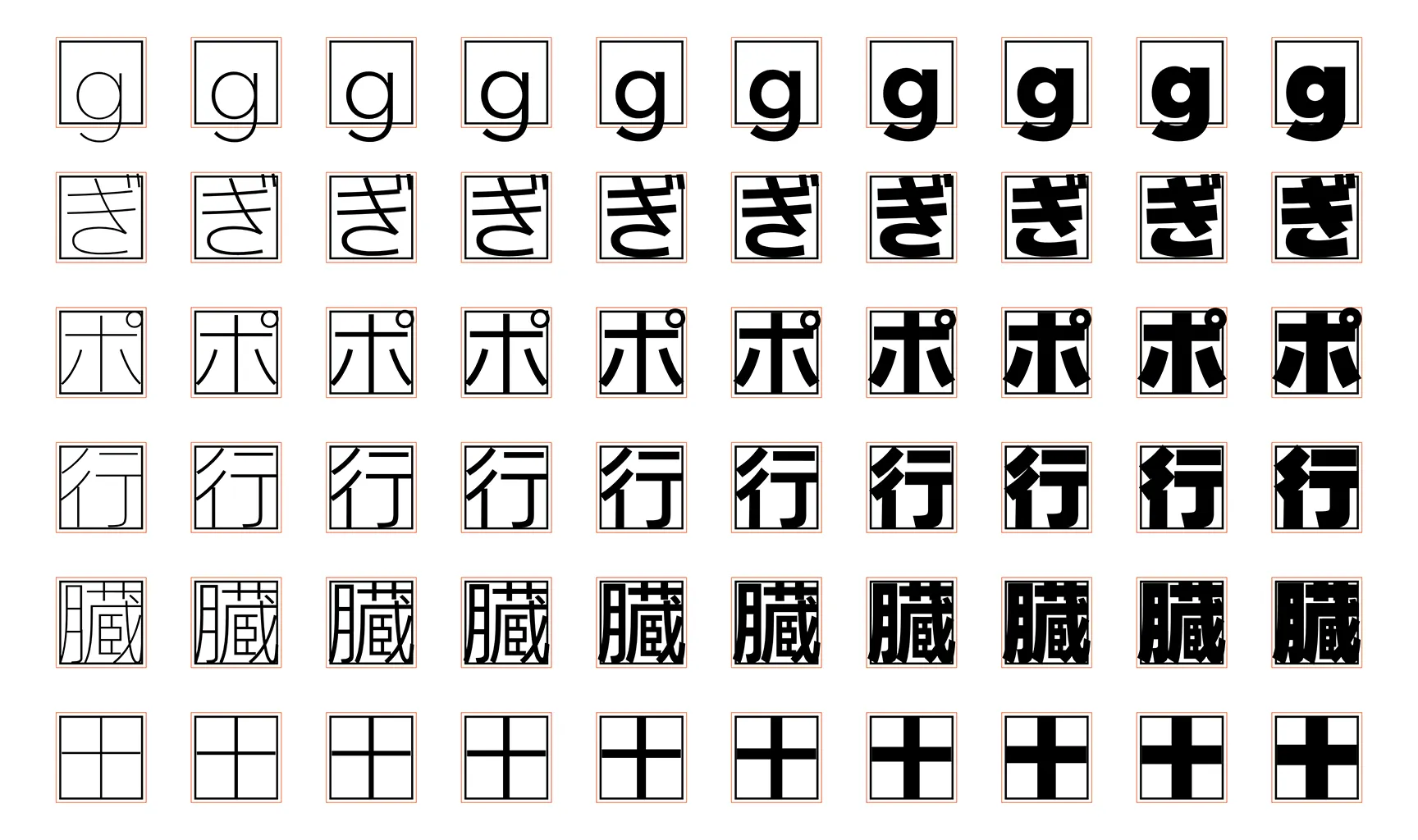 Shotai Sansの組み見本。極細から極太まで10のウェイトのグリフが並ぶ